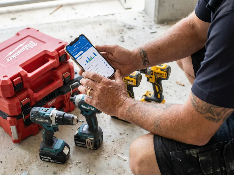 Builder holding smartphone with Build Ezi app, surrounded by trade tools on site