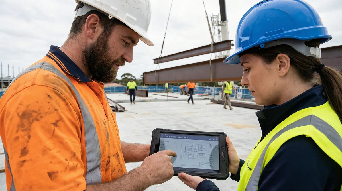 Build Ezi construction site team reviewing project on tablet